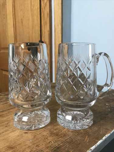 Pair of CUT CRYSTAL BEER MUG TANKARD STEIN Heavy Glasses 16 Oz