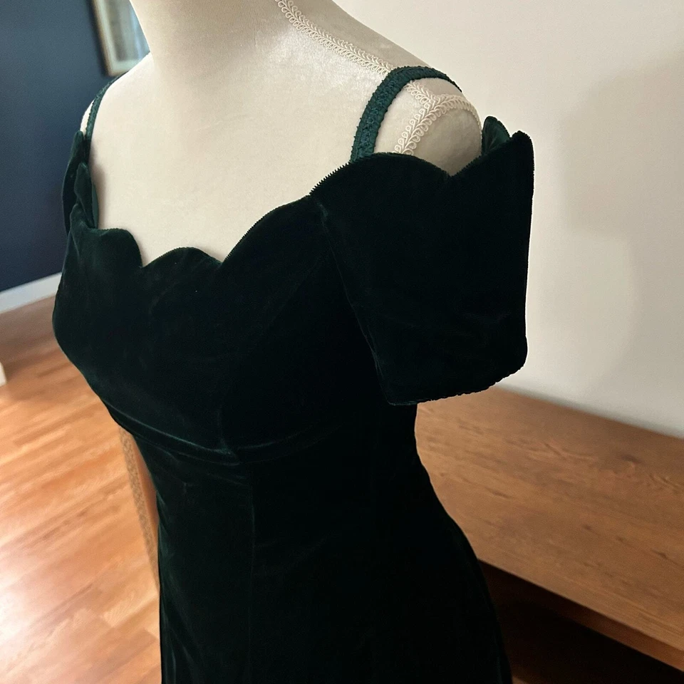 Vestido Roberta Vintage Años 80 Verde Esmeralda Terciopelo Escote Festoneado Talla 5/6 Foto 4 de 4