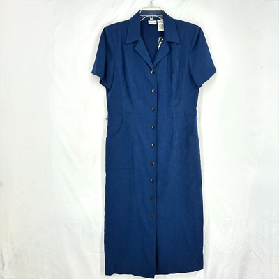 White Stag Womens Size 12 Button Front Shirt Dress Blue Brushed Polyester Midi