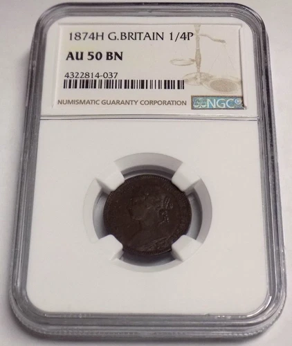 GREAT BRITAIN 1874H FARTHING 1/4P NGC AU50 BN AU 50 England Certified UK Coin 
