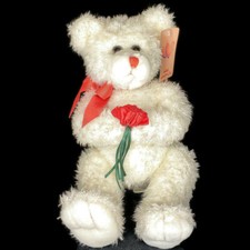 Valentine's Day Stuffed Teddy Bear - White Holding Rose w/ Red Bow