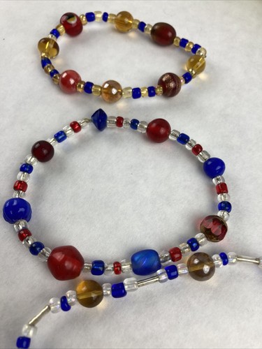 Lot of 3 Blue Red Gold Seed and Glass Bead Handmade Friend Bracelets 3" 3.5" 4" - Picture 3 of 3