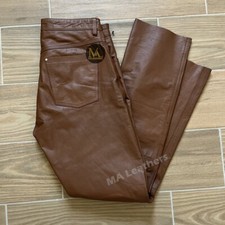 Men's Soft Casual Tight Biker Skinny Fit Sheepskin 5 Pockets Brown Leather Pants