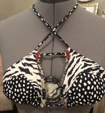 Victoria Secret Bikini Top Triangle XS Zebra Embellished Gold Beads Tassels