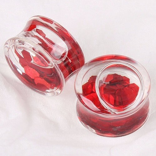 2X Blue Glitter Double Saddle Flesh Tunnel Acrylic Liquid Ear Lobe Plug Expander - Picture 7 of 29