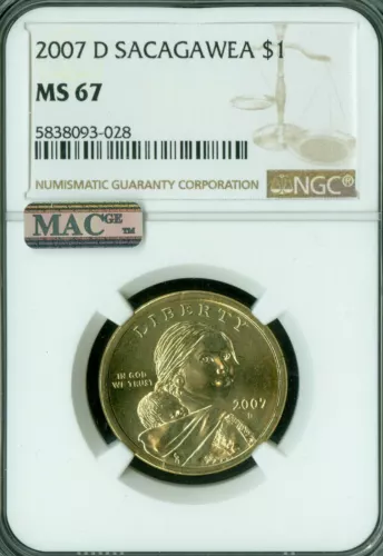 2007 D SACAGAWEA DOLLAR NGC MS67 BUSINESS STRIKE 2ND FINEST MAC SPOTLESS *