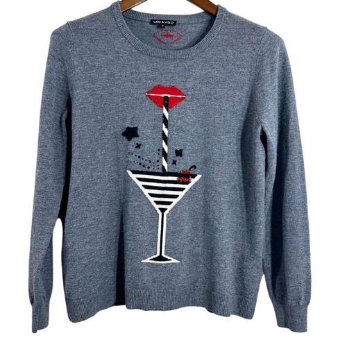 Leo & Ugo Damen Pullover grau Wollmischung Cocktails Grafik Pulli Gr. 4