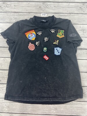 Desigual T Shirt Black Sz LARGE  Patch Jeweled embellished Distressed Look