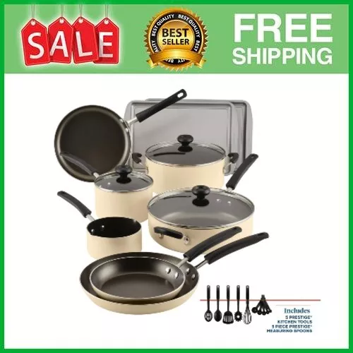 Farberware Easy Clean 22 Piece Nonstick Aluminum Cookware Set, Black & Almond