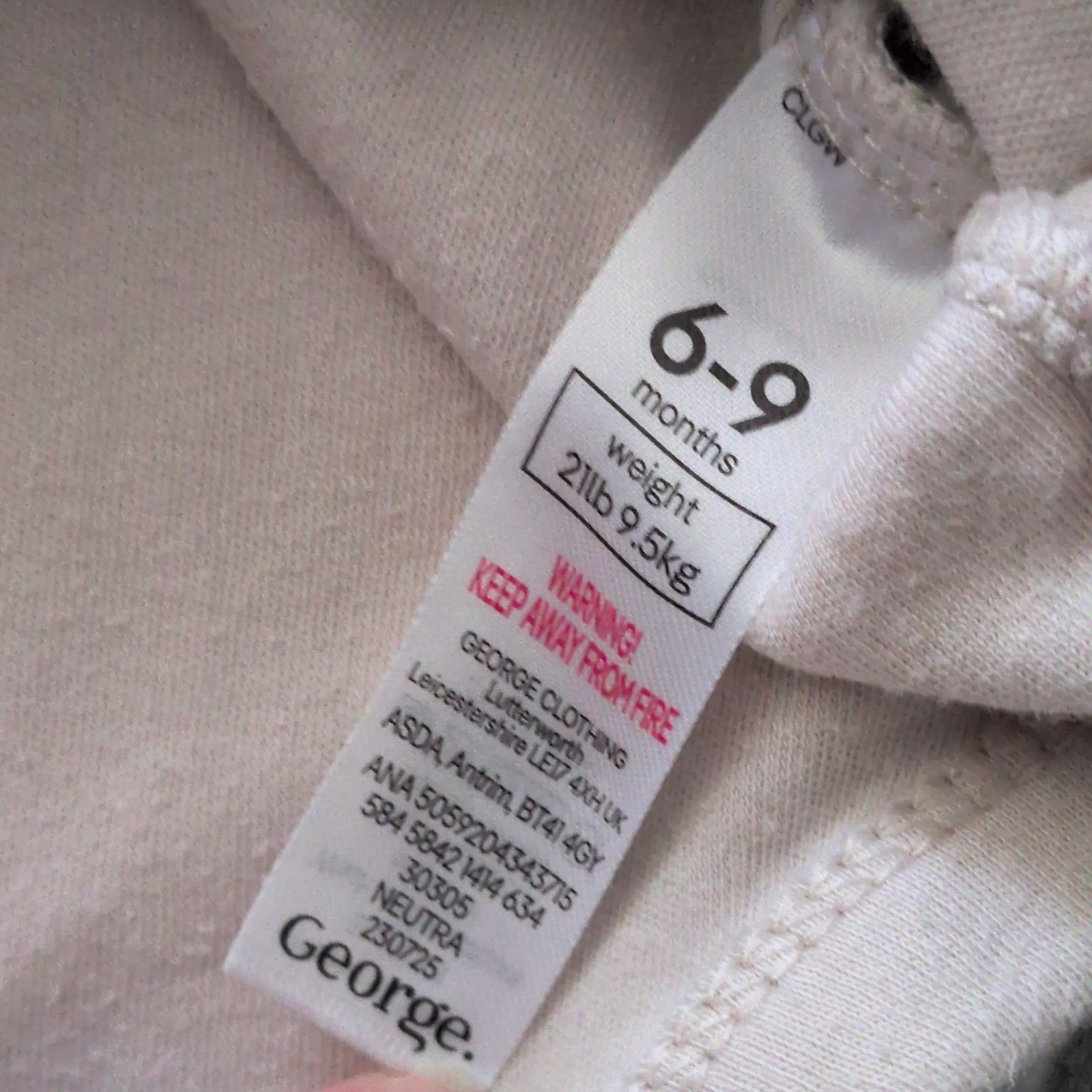 George 6-9M 3pc Ribbed Cotton Zip Babygrow & 2 Bodysuits Natural/F+F White LS image 3