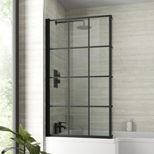 Bath Shower Screen Door Hinged 800mm Black Grid Square 6mm Glass Return Panel