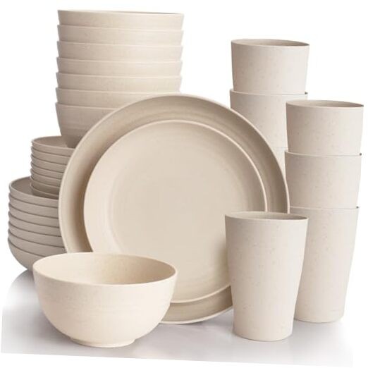 Cream Plastic Plates and Bowls Sets Dishwasher and Microwave Safe