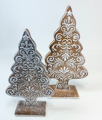 Set of 2 Gingerbread Style Christmas Tree Figurines Glitter Holiday Decor