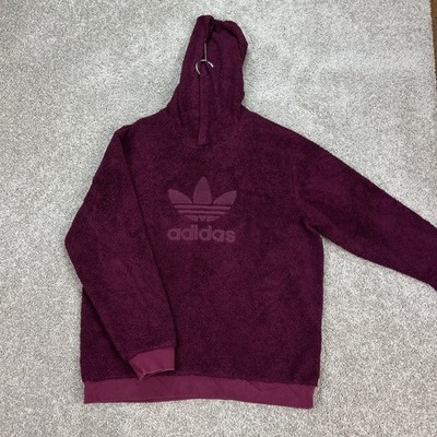 Adidas Originals Hoodie Men Large Burgundy Trefoil Sherpa Fleece Pullover Hoodie