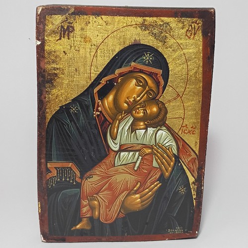 Orthodox Byzantine Icon Virgin Mary Jesus Christ Child Theotokos Wood Greek Vtg