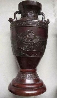 Paire De Vases Anciens En Bronze De Chine Signés - Objet D'art Populaire Rare