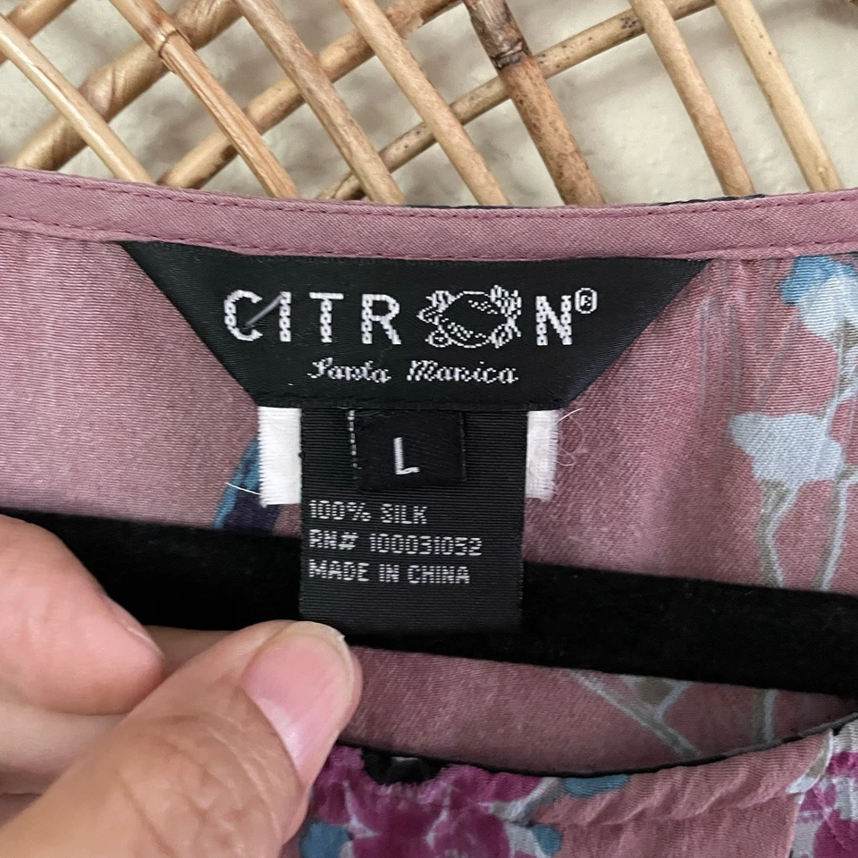 Blusa túnica top asiática de seda Citron Santa Monica floral artística Sakura talla L B12 Foto 3 de 4