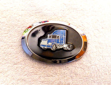 CLASSIC BELT BUCKLE SEMI TRUCK LONG HAUL 18 WHEELER BLACK ENAMEL INLAY BLUE BB14