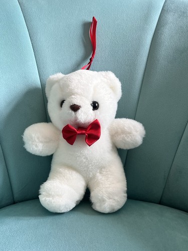Vintage kleine weiße Teddybär rote Schleife 7,5 Zoll Schneebär