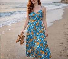 SOFIA VERGARA BLUE FLORAL SMOCKED BACK SLEEVELESS SUN DRESS SIZE XL