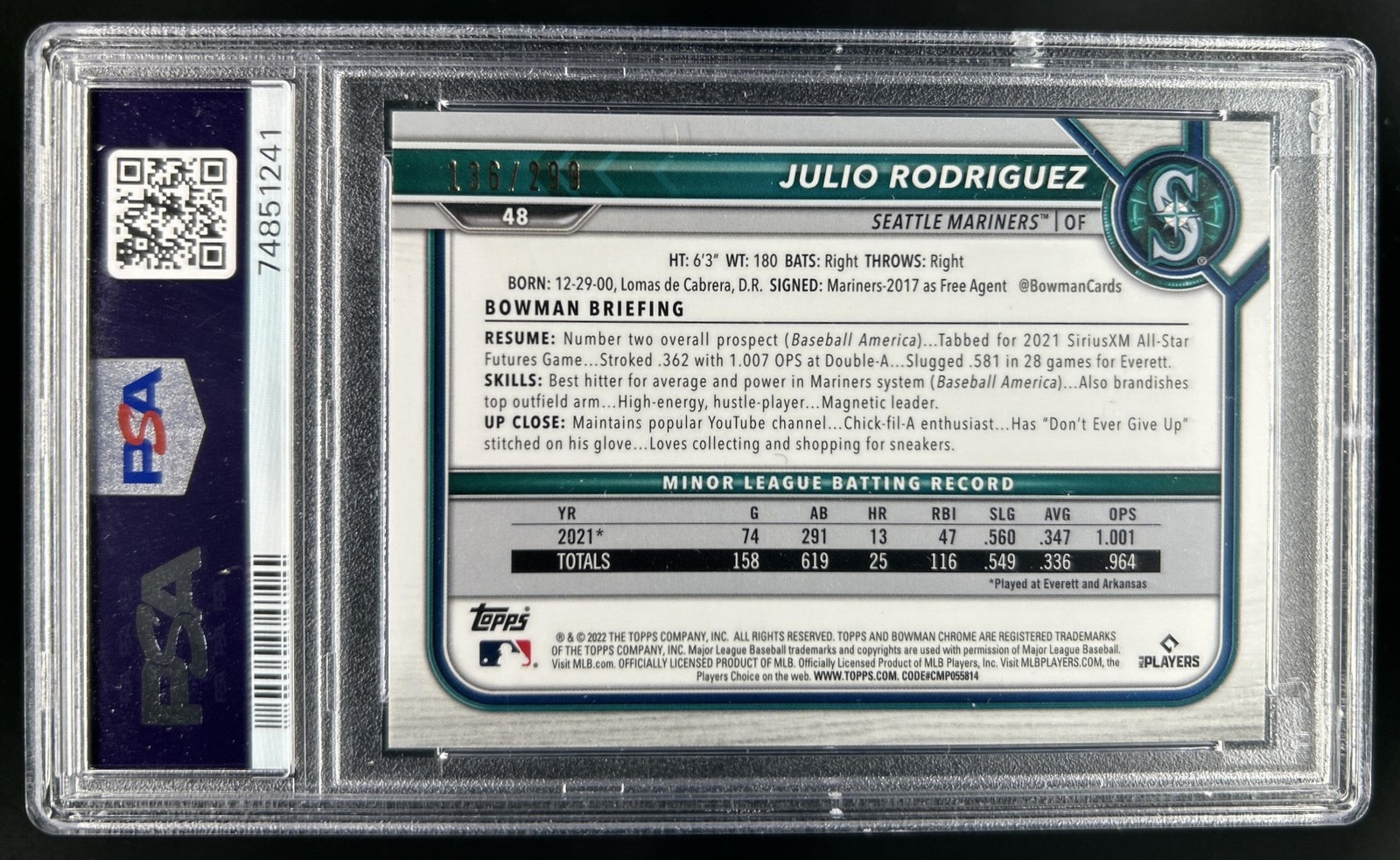 2022 Bowman Chrome Julio Rodriguez Fuchsia Refractor RC #/299 Mariners PSA 10 view 2