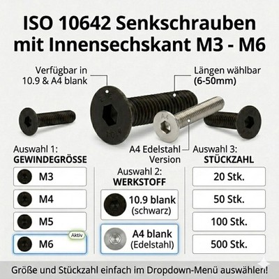 M3 M4 M5 M6 Senkkopfschrauben Innensechskant Edelstahl 10.9/A4 blank ISO 10642