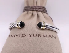 David Yurman Sterling Silver 7mm Cable Bracelet Black Onyx with 14K Gold Medium