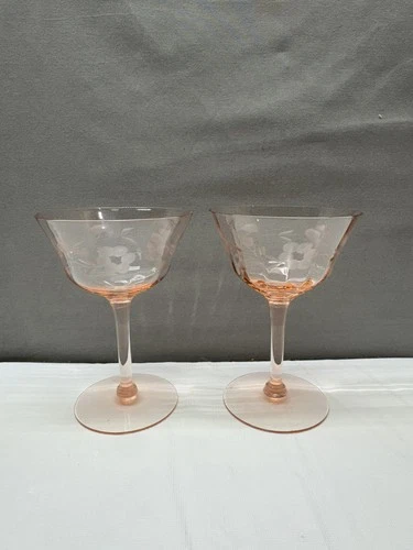 Set Of 2 Pink Depression Etched  Floral Champagne Cocktail Glass 5"