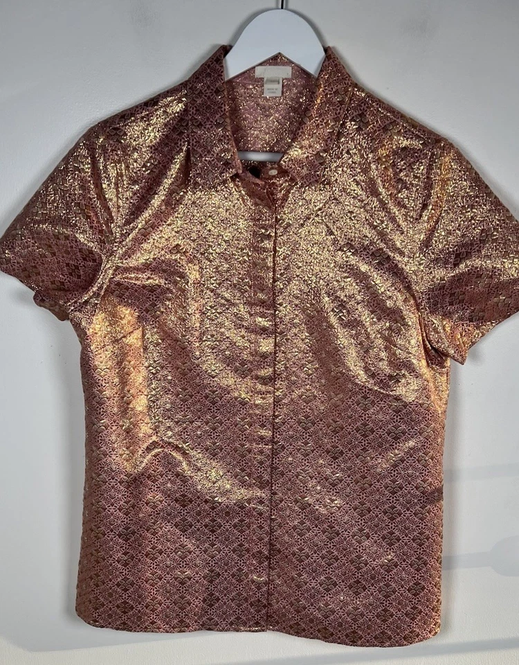 Camisa J Crew Talla 10 Manga Corta Cuello Abotonado Mezcla Seda Rosa Metálica Foto 2 de 4