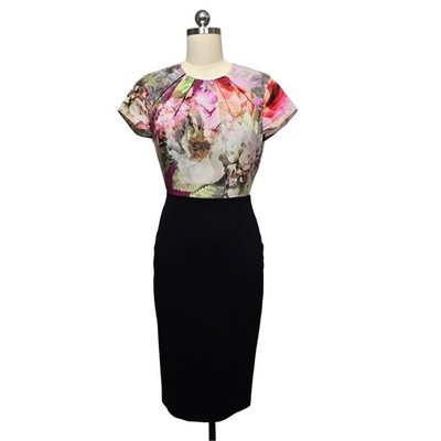 Ted Baker London Floral Print Sheath Dress Black Cap Sleeve Women's Size 2 US 6