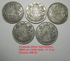 5 Canada 80% Silver Half Dollars WW II coin lot KG VI, 1940 1942 1943 1944 1945