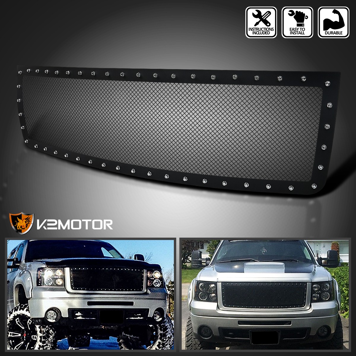 Fits 2007-2013 GMC Sierra 1500 Black Texture Rivet Upper Mesh