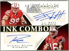 Russell Wilson & J.J. Watt 2015 Panini Immaculate Ink Combo Dual Auto Card 3/5