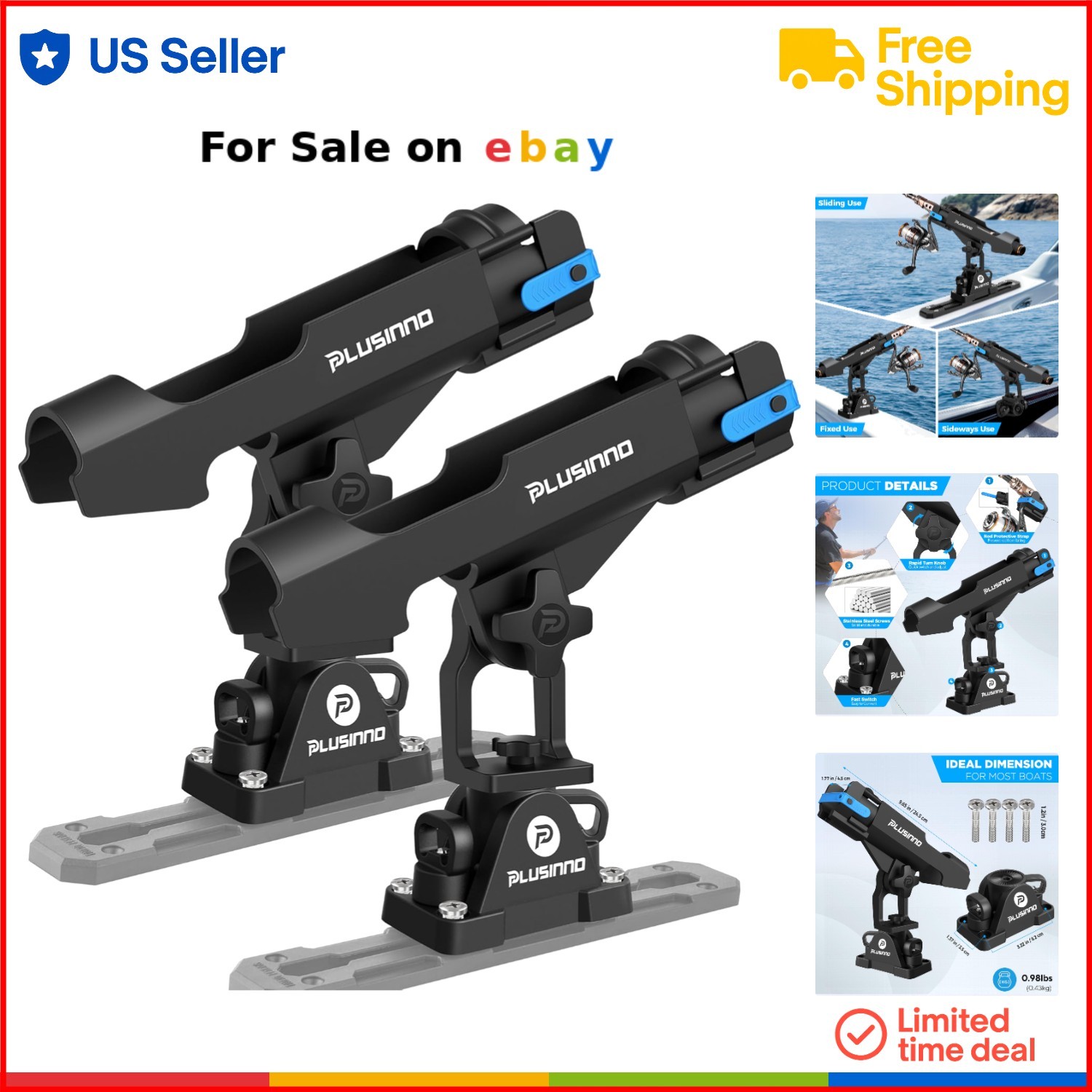 Fishing Rod Holders Plastic Stainless Steel 2-in-1 Deck Track Mount Kayak Boat