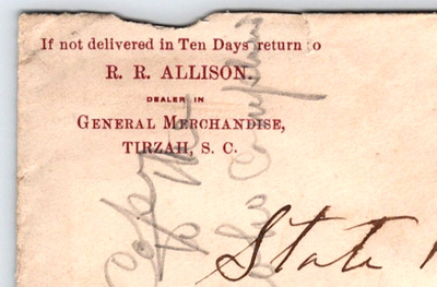 1895 R.R. Allison General Merchandise Turzah SC  Postal Cover