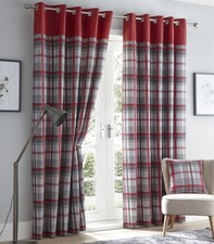 Tartan Check Lined Curtains Eyelet Ring Top Curtains 66" x 72" 183cm Orlean Red