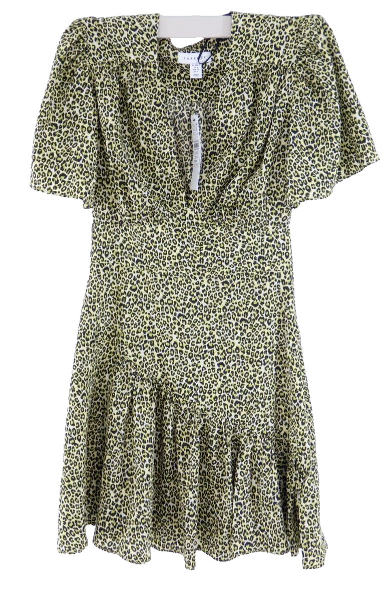 Topshop Dress Leopard Lime Green Animal Print Flutter Sleeve Satin BNWT UK  4 | eBay UK