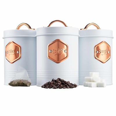 Cooks Professional Küchen Aufbewahrungsset | Tee Kaffee Zucker | Weiß & Kupfer