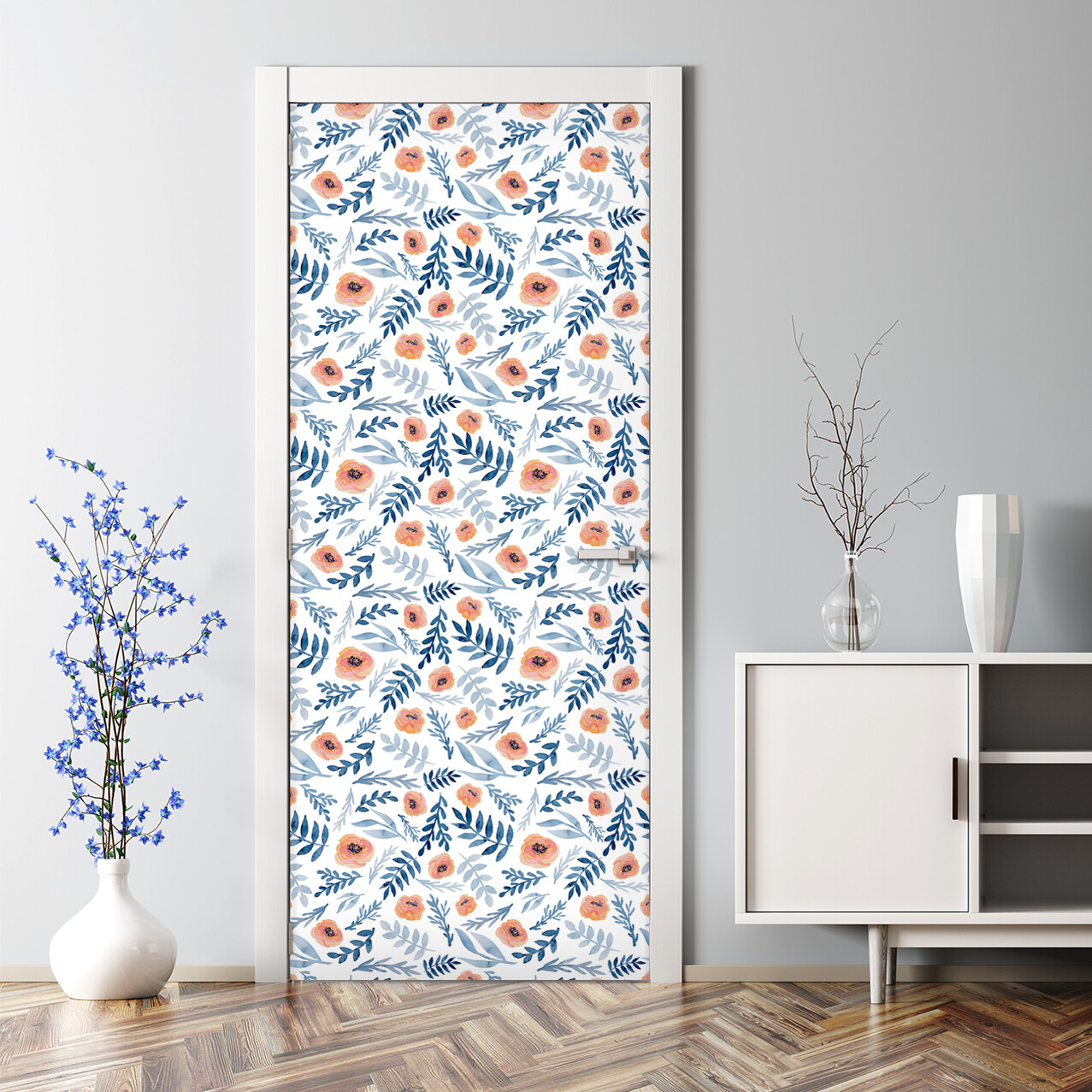 Blue Red Flowers Bubble Free hand painted Watercolour Door Decal black and white