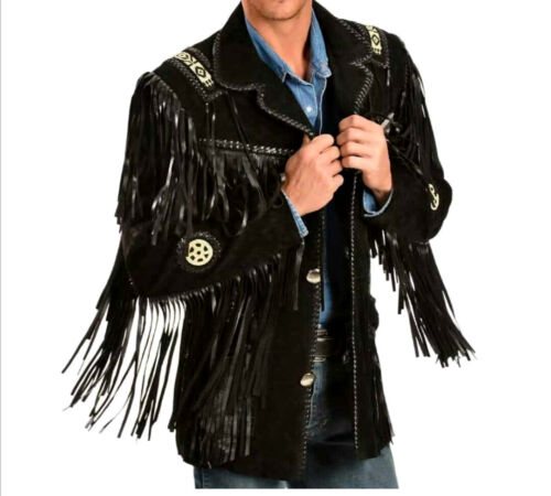 Traditional Mens Native American Black Suede Western Jacket with Fringes & Bead - Afbeelding 1 van 3