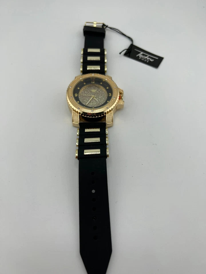 Techno Pave Reloj de Cuarzo Correa Negra Cara Tonificada Dorada Reloj Resistente al Agua Foto 2 de 4