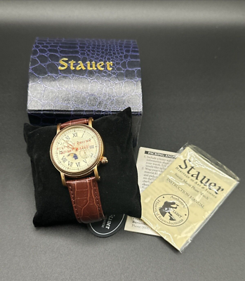 Mens Stauer Round Gold Tone Moonphase Brown Leather Strap Analog