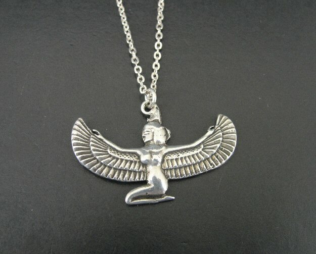 Winged Egyptian Lady Sterling Silver 925 Pendant Necklace-image