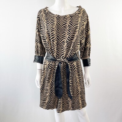 Sea New York Mini Dress Size 10 Tiger Stripes with Leather Trim Long Sleeve