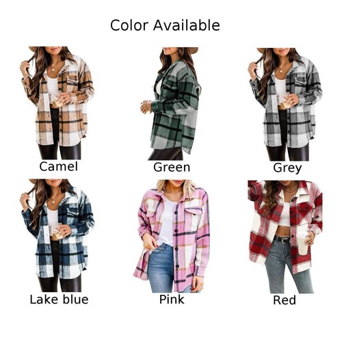 Warm Woolen Jacket Shacket Baggy Tartan Tops Check Fleece Winter Coat for Women - Picture 6 of 17