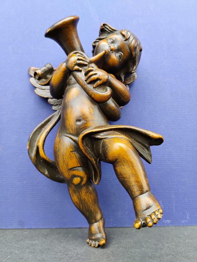 Vintage Cherub Angel Horn Instrument Wall Decor Ornament Made In Italy Resin
