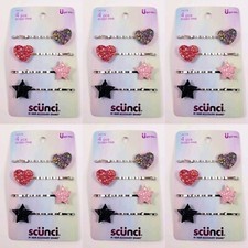 Lot Of 6 Scunci Glitter Bobby Pins Hearts  Stars, 4 Count Each