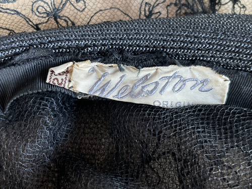 VINTAGE Black Straw/Embroidered Tulle Welston Original Hat 22" - Picture 6 of 6