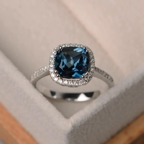 2,2 kt gepolsterter natürlicher Londoner Blautopas Heiligenschein Ehering 14 K Weißgold plattiert - Bild 3 von 11