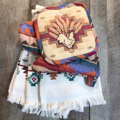 Vintage Chicken Aztec Kitchen Towels Dish Potholder 4 Piece Set FRANCO ...